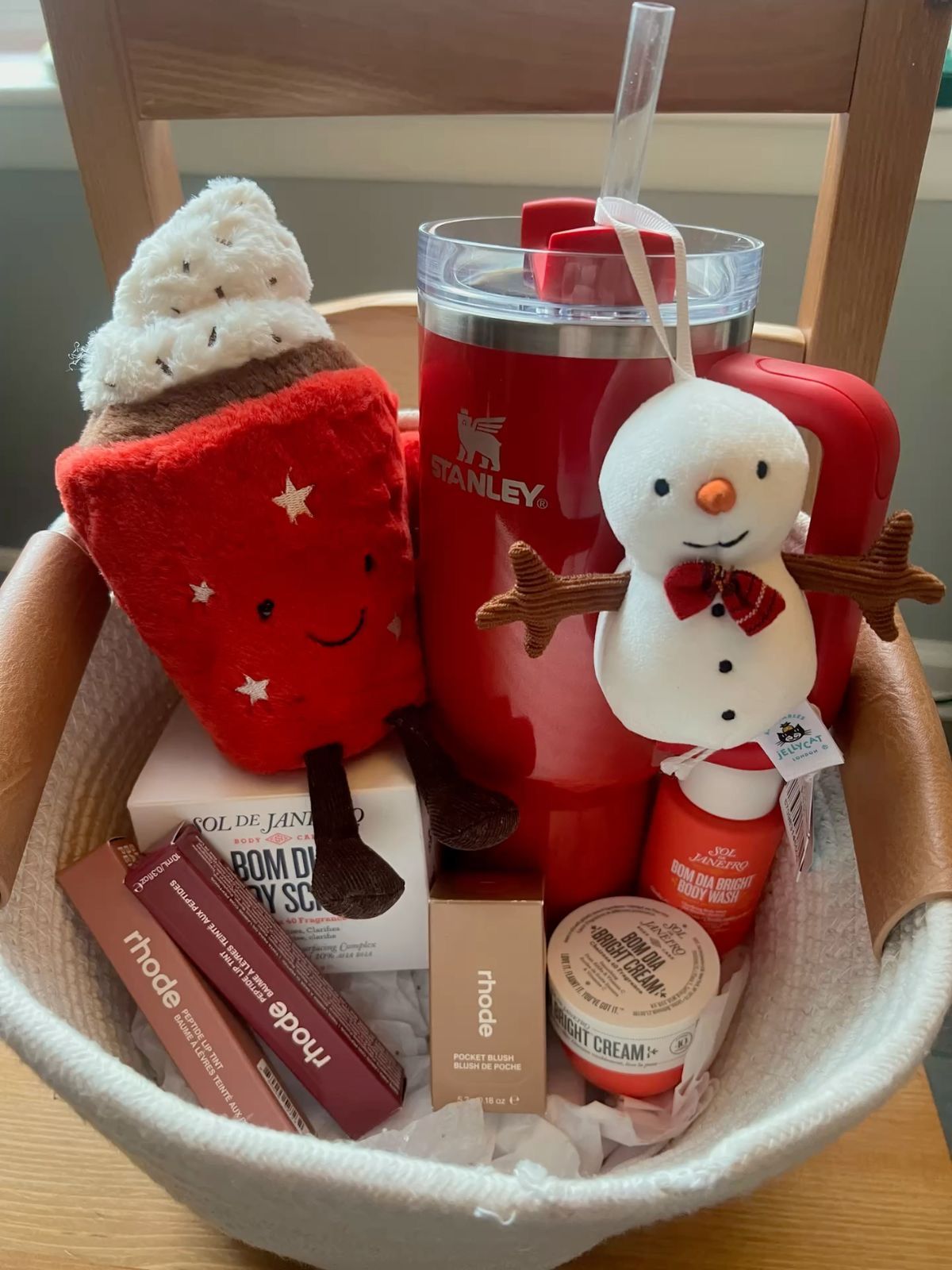 Holiday red Stanley cup basket with snowman