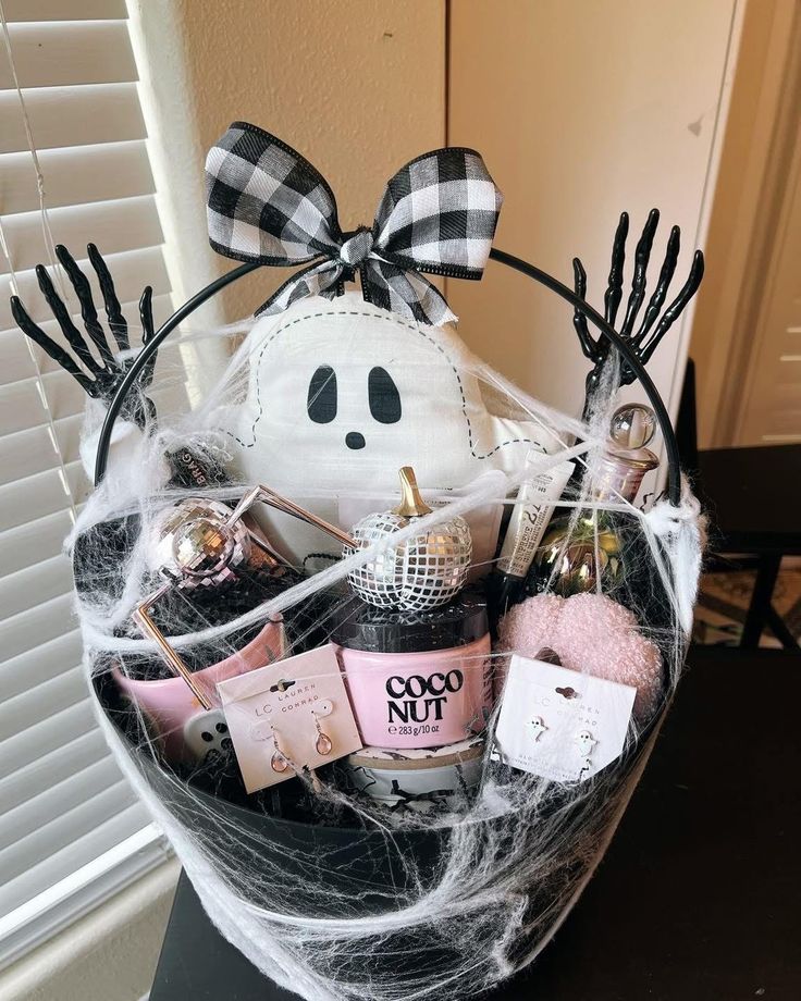 Halloween ghost gift basket with black ribbon