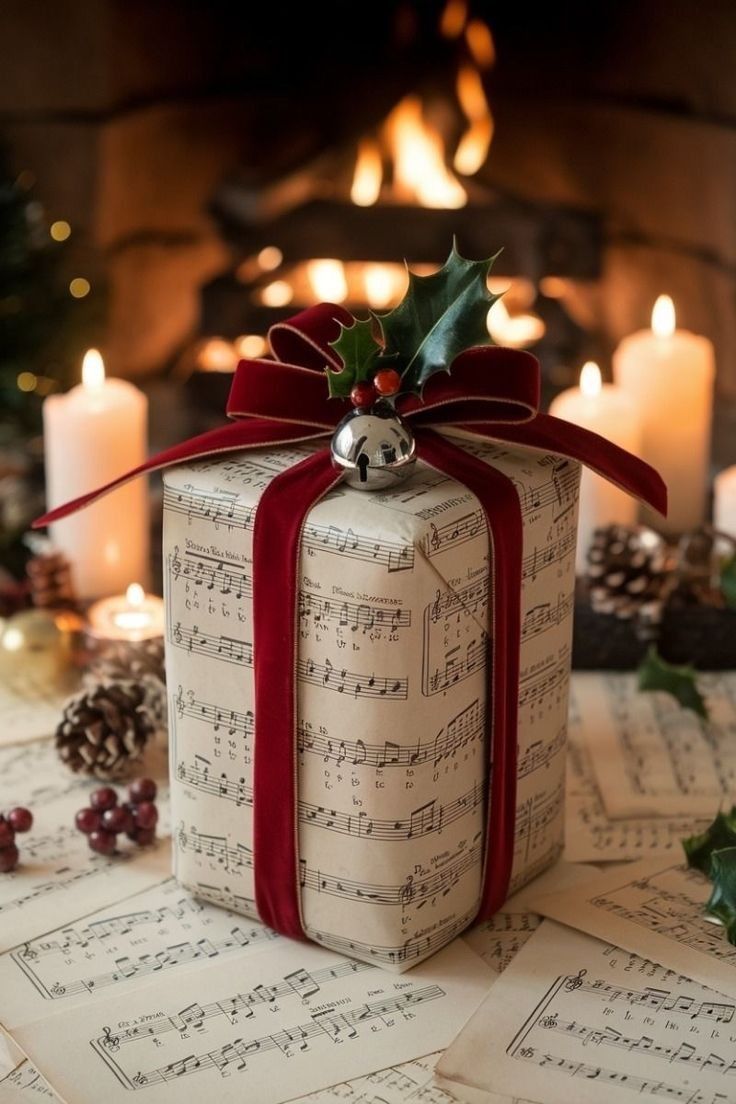 Vintage music sheet wrap with velvet ribbon